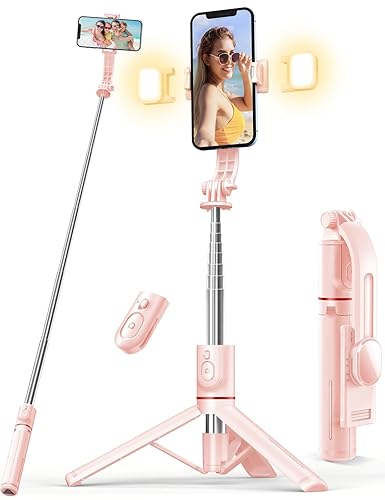 Selfie Stick with Light, 45'' Selfie Stick Tripod with Wireless Remote, Portable Travel Phone Tripod Compatible with iPhone 15 Pro Max/15/14 Pro/14/13, Samsung S22/ S23 Ultra/Android Smartphone (Pink) - Pink