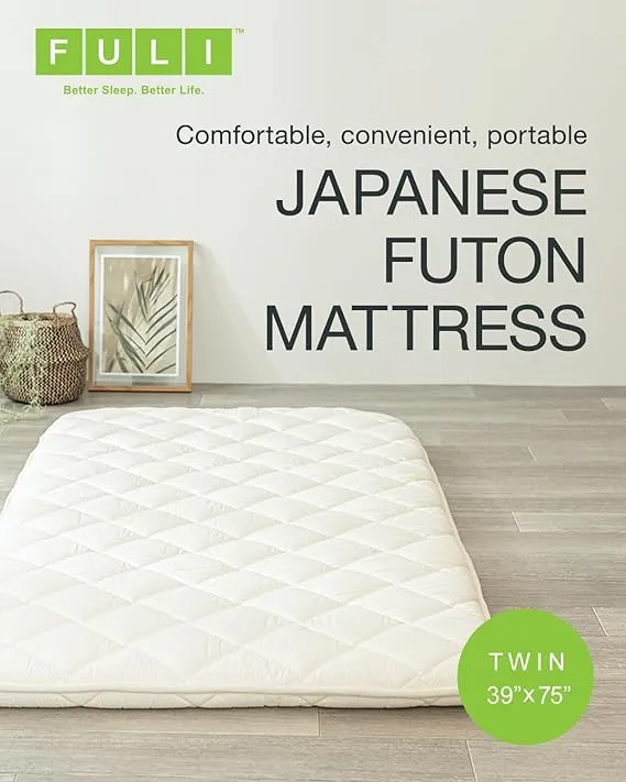 FULI Japanese Futon Mattress, Japanese Floor Mattress, Floor Bed, Tatami Foldable Bed, Roll Up Sleeping Pad, Shikibuton, Made in Japan (White, Twin) - Twin (75"L x 39"W x 2"Th)