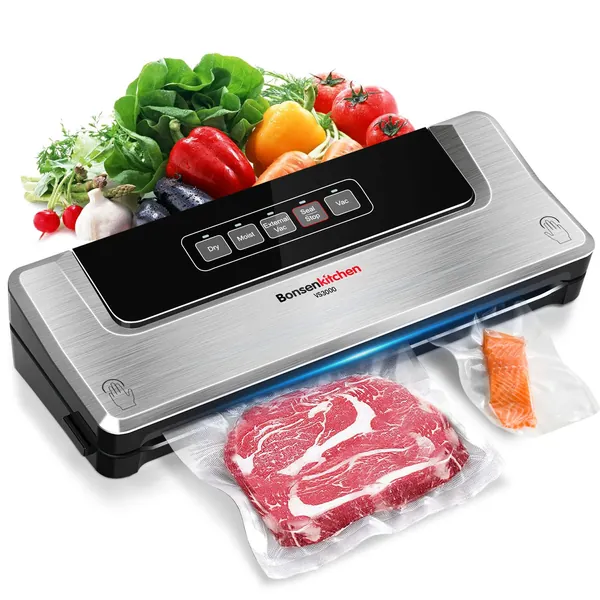 Bonsenkitchen Vacuum Food Sealer Machine for Sous Vide Cooking Dry & Moist Food Modes, Bonuse with Vacuum Bags & Roll, VS3000 (Sliver)