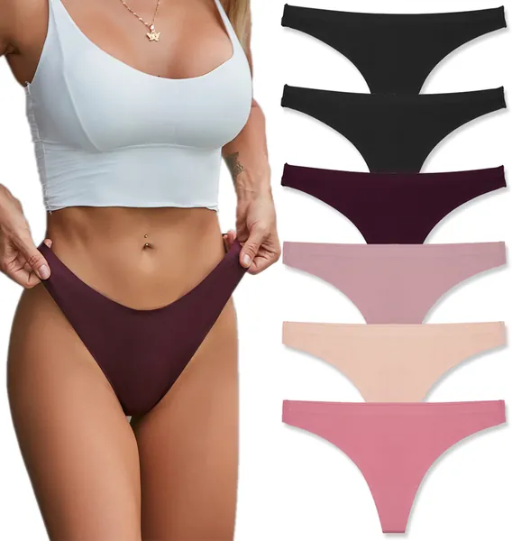 FINE TOO 6 Pack Seamless Thongs for Women Breathable Tangas Underwear No Show Strings Comfortable Thongs Panties Invisible Hipster XS-XL