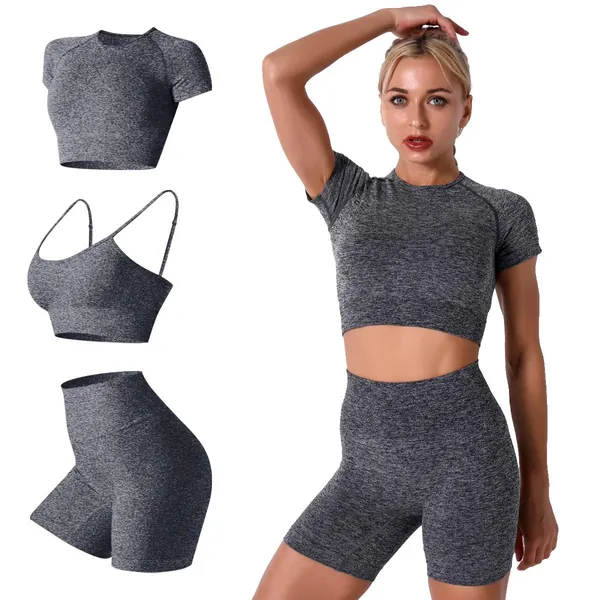 Women's Yoga Workout Outfits 3 Piece Sets Seamless High Waist Running Shorts with Padded Sport Bra and Shorts Sleeve Crop Tops Gym Clothes Tracksuit Sportswear