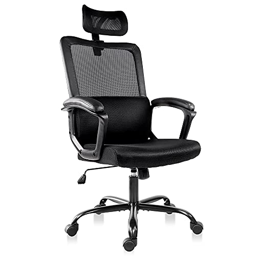 Office Chair, Ergonomic Mesh Desk Chair, High Back Swivel Task Executive Computer Chair Padding Comfy Armrests with Adjustable Headrest Lumbar Support - 17.12D x 19.29W x 49.21H in - Black