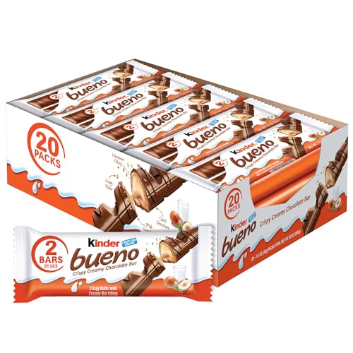 Kinder Bueno, Bulk 20 Pack, Milk Chocolate And Hazelnut Cream, Holiday Gift And Stocking Stuffer, 2 Individually Wrapped Chocolate Bars Per Pack, 30 Oz - 80 Count