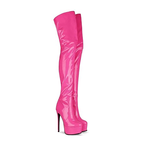 Fandimeier Women's Plus Size Thigh High Boots Over The Knee For Women Zipper Unisex Patent Leather Platform Shoe - 6.5 - Pink