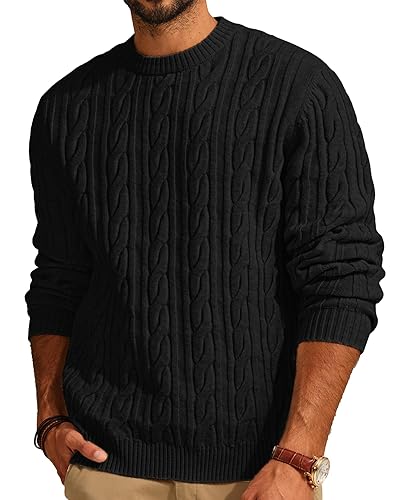 PJ PAUL JONES Mens Sweater Crewneck Cable Knit Pullover Sweater Casual Twist Textured Sweaters - Black - X-Large
