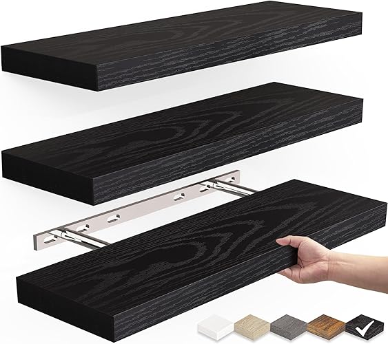 BAYKA Floating Shelves for Wall, Wall Mounted Rustic Wood Shelves for Bathroom, Bedroom, Living Room, Kitchen, Hanging Shelf for Books/Storage/Room Decor with 22lbs Capacity (Black, Set of 3, 16in) - Black - 16inches