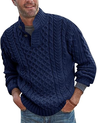 Bbalizko Mens Stand Collar Pullover Sweater Cable Knitted Chunky Winter Fashion Buttons Twisted Thermal Sweaters - X-Large - Navy