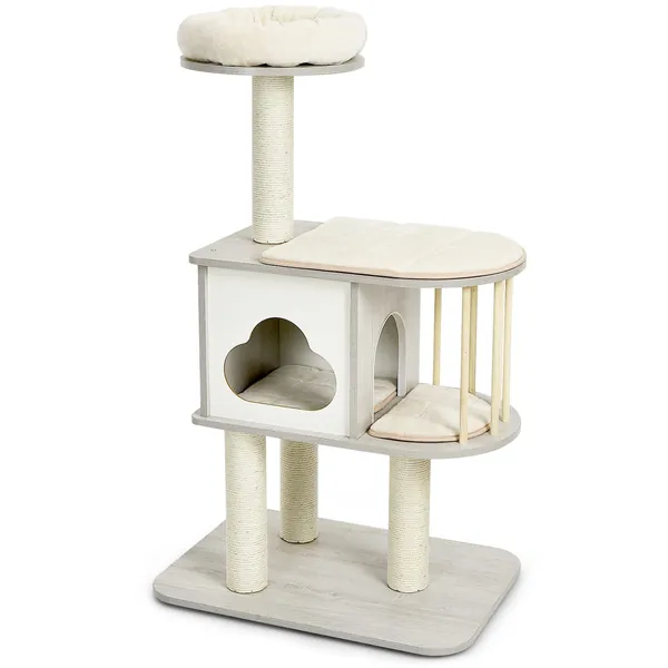 PETSITE 46 Inches Wooden Cat Tree Cat Tower for Indoor Cats, Multi-Level Small Cat House Condo with Scratching Post, Platform & Condo for Kittens & Cats - Light Grey