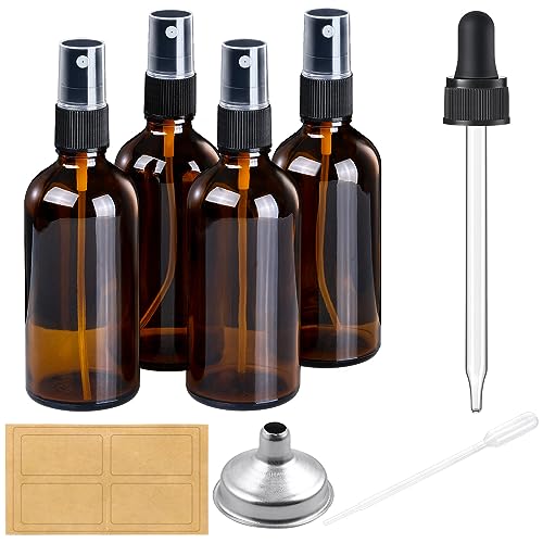 AOZITA 100ml Amber Glass Spray Bottles for Essential Oils, Empty Small Fine Mist and Refillable Mister, Mini Travel Bottle for Cleaning Solutions and Skin Care, Glass dropper and funnel included. - 100 ml