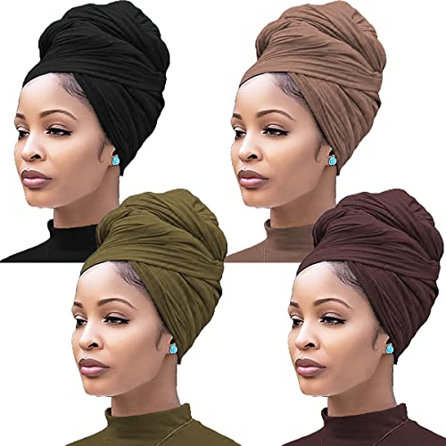 Nonbongoy Head Wraps for Black Women Stretch Turban Headwraps Scarf Hair Wraps Head Scarf for Locs Braids - 4-black&army Green&camel&brown