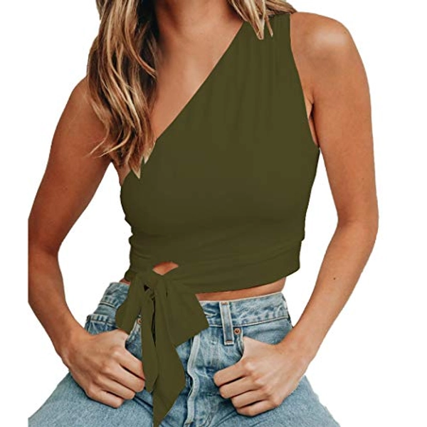 WEEPINLEE Women's Sexy One Shoulder Sleeveless Bowknot Shirts Crop Tops