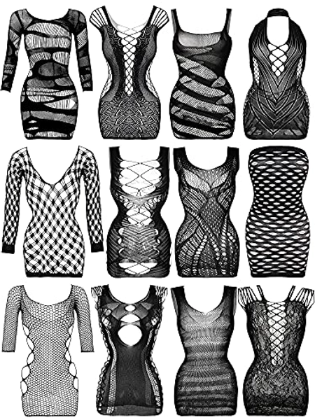 12 Pieces Women's Fishnet Lingerie Mesh Babydoll Bodysuit Lace Smock Lingerie for Women