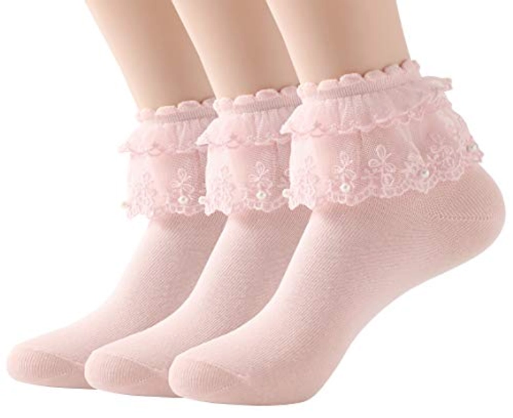 SRYL Women Ankle Socks, Pearls Lace Ruffle Frilly Comfortable Cute Cotton Socks Ladies Girl Princess Lace Socks, H06