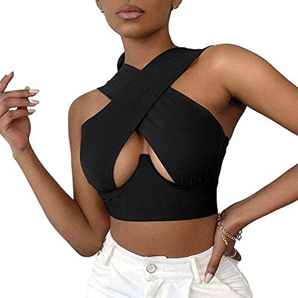 Sexy Women's Cut Out Crisscross Wrap Crop Top Halter Solid Vest Cami Tank Tops