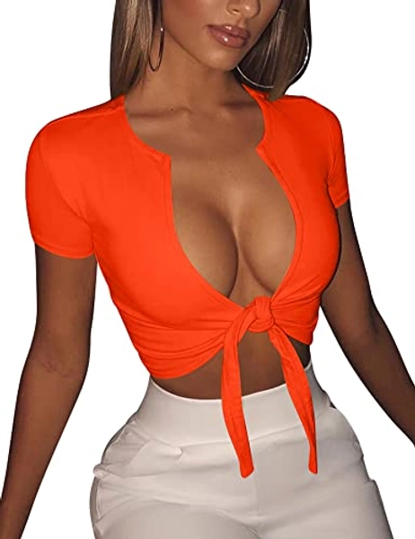 BORIFLORS Women's Sexy Tie Up Crop Top Short Sleeve Deep V Neck Casual Basic T Shirt
