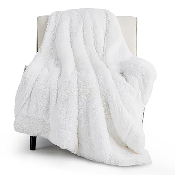 Bedsure Faux Fur White Throw Blanket for Couch – Soft, Fuzzy, Fluffy, and Shaggy White Blanket, Warm and Thick Sherpa, Decorative White Throw Gift, Throw Blankets for Sofa, Bed, 50x60 Inches, 640 GSM