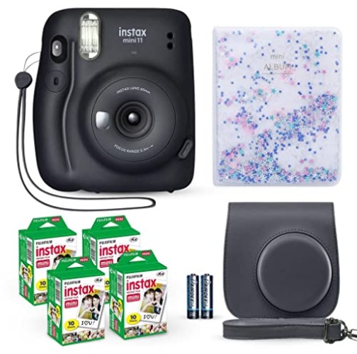 Fujifilm Instax Mini 11 Instant Camera Charcoal Gray + Fuji Film Value Pack (40 Sheets) + Shutter Accessories Bundle, Incl Compatible Carrying Case, Quicksand Beads Photo Album 64 Pockets - Charcoal Gray
