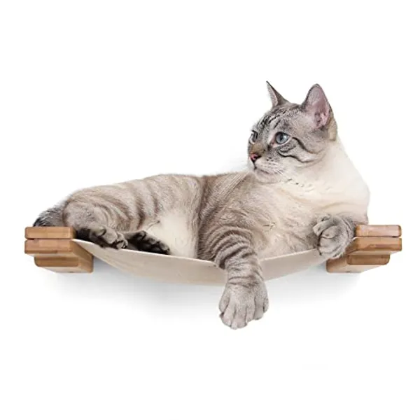 CatastrophiCreations Cat Lounge Hammock Wall Mounted Lounger for Climb and Play Furniture Cat Tree Shelves, Natural Bamboo/Natural Canvas, one Size