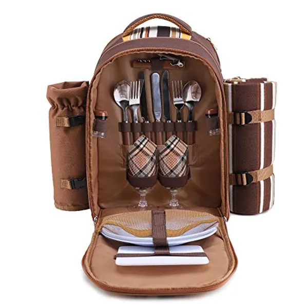 apollo walker Picnic Backpack Bag for 2 Person with Cooler Compartment, Detachable Bottle/Wine Holder, Fleece Blanket, Plates and Cutlery(2 Person, Brown)