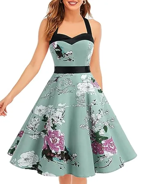 DRESSTELLS Women Vintage 1950s Cocktail Prom Dress Retro Halter Wedding Party Pinup Swing Dress