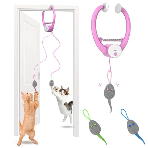 Cat Toys, Hanging Automatic Interactive Cat Toy, Colorful Bouncing Mice, Extra Long Elastic Rope, Motion Activated Rechargeable Cat Feathers Toys,Interactive Cat Toys for Indoor Cats/Kittens(Pink) - Pink