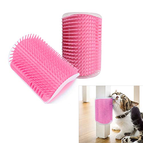 Hub's Gadget 2 Pack Cat Self Groomer, Wall Corner Massage Comb Grooming Brush with Catnip Pouch, Pink