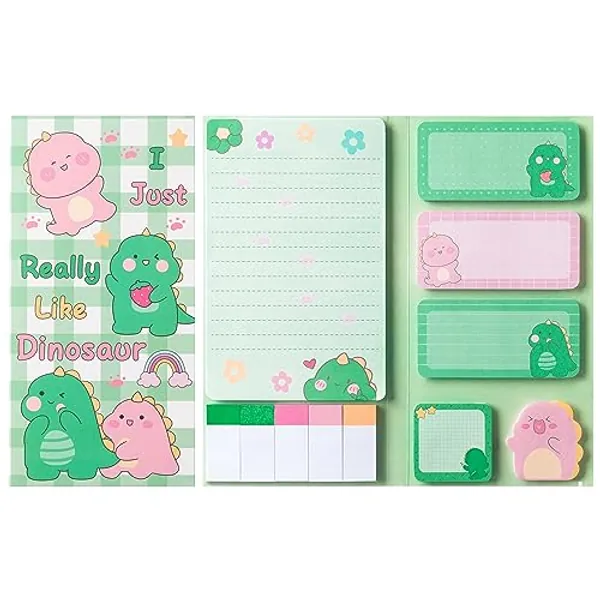 DFuniuxin I Just Really Like Dinosaur Sticky Notes Set, 550 Sheets Cute Cartoon Dinosaur Self-Stick Note Pads Green Dino Writing Memo Pads Small Gift for Kids Adults Student School Office Supplies