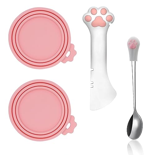 SJANE Cat Food Can Spoons & Can Lids | 4 Pcs | Multi-function Can Opener | Silicone Pet Food Can Covers | Stainless Steel Wet Food Spoon for Cats and Dogs(Pink) - Pink