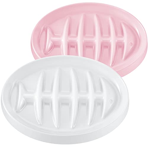 2 Pack Cat Slow Feeder Bowl Slow Feed Cat Dish Fishbone Cat Slow Feeder Small Interactive Puzzle Dog Feeder Dish Anti Gulping Pet Bowl for Cat and Dog Slow Eating to Against Bloat (White, Pink) - White, Pink