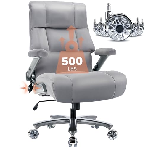Big and Tall Office Chair 500lbs- Fabric Executive Desk Chair with Adjustable Lumbar Support 3D Flip UP Arms- Heavy Duty Quiet Wheels Metal Base Ultra-Soft Upholstered Ergonomic Computer Chair, Grey - Grey