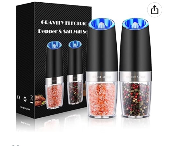 Amazon.com: Gravity Electric Pepper and Salt Grinder Set, Adjustable Coarseness, Battery Powered with LED Light, One Hand Automatic Operation, Stainless Steel Black, 2 Pack: Home & Kitchen