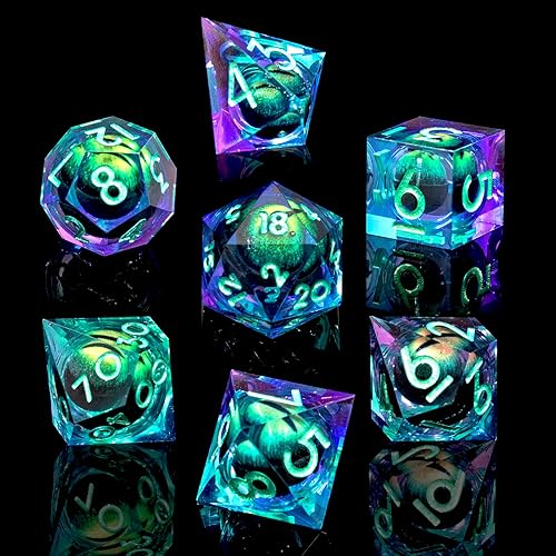 Beholder's Dragon Eye DND Dice Set,Sharp Edge Liquid Core Resin Handmade Cat Eye Dice with Gift Box 7 PCS for Role Playing Dungeons and Dragons Ttrpg(Green Purple Dargon Eye) - Green Purple Dargon Eye