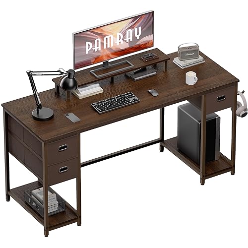 Pamray 55 Inch Computer Desk with Non-Woven Storage Drawers and Monitor Stand Home Office Desk for Bedroom Study Table Writing and Work Desk Deep Brown - Brown - 55 inch