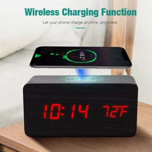 Wooden Digital Alarm Clock with Wireless Phone Charging Pad - Black