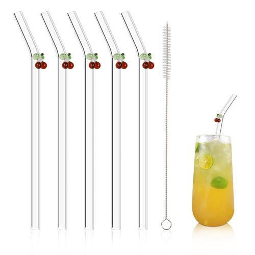 Olpchee 5 Pcs Reusable Straws Clear Glass Straws Colorful Cherry Design Size 7.8" x 8mm with 1 Cleaning Brush for Smoothies, Milkshakes, Juices, Teas (Caramel) - Caramel