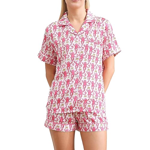 HINFEL Women Y2k Pajamas Set Silk Satin Short Sleeve Button Down Top and Shorts Monkey Sleepwear Preppy Bridal Loungewear - Pink - Small