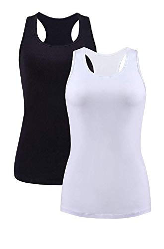 BeautyIn Women's Camisole Built-in Shelf Bra 2 Pack Spaghetti Straps Tank Tops - Black White/Shelf Bra - Large