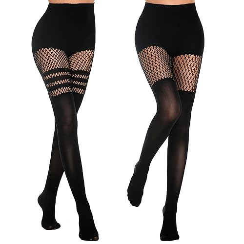 MANZI Womens Faux Thigh High Fishnet Stockings Stitching Opaque Pantyhose Mock Over the Knee Goth Striped Suspender Tights - One Size - 1 Striped+1 Grid