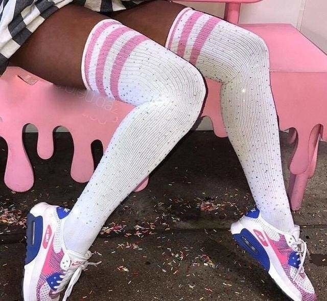 Glitter Rainbow Thigh Highs - White Pink Glitter