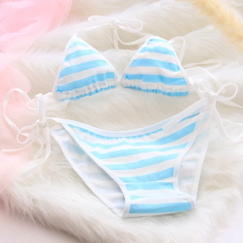 OJBK 2PCS Women Cute Sexy Lingerie Underwear Kawaii Blue Pink Striped Triangle Bikini Set Japanese Cosplay Micro Bra Panty Set - AliExpress 