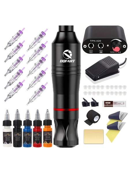 DQFART Professional Beginner Tattoo Kit 10 Pieces Tattoo Needles Tattoo Pen Tattoo Power Mixing Ink Body Art Tattoo Machine DC Cable Set
