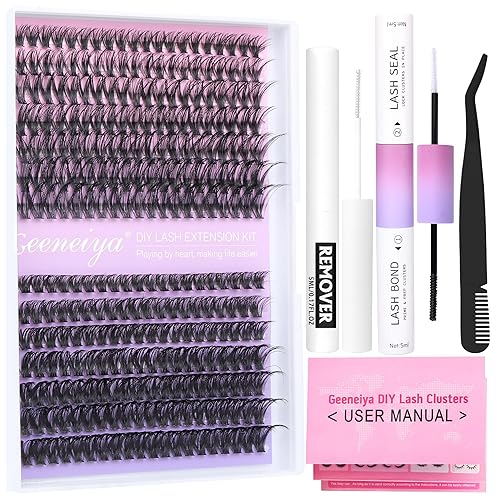 DIY Lash Extension Kit with Eyelash Remover, 9-16MM Volume Eyelash Extension Kit Individual Lash Clusters Kit with Bond and Seal Waterproof Glue, Tweezers for Self Application at Home by Geeneiya（40P+50P, 280PCS,0.07D）