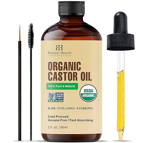 Botanic Hearth Castor Oil | USDA Certified Organic |100% Pure & Hexane Free | Cold Pressed | Growth for Eyelashes, Eyebrows, Hair | With Eyebrow & Eyelash Brush | 2fl oz - Castor Oil 2 fl oz