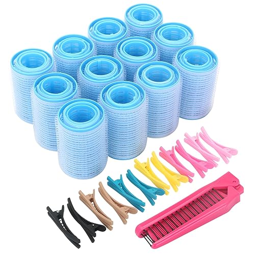 Self Grip Hair Rollers Set, with Hairdressing Curlers (Large, Medium, Small), Folding Pocket Plastic Comb, Duckbill Clips - Pattern A