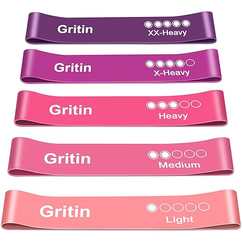 Gritin Resistance Bands, [Set of 5] Skin-Friendly Resistance Fitness Exercise Loop Bands with 5 Different Resistance Levels - Free Carrying Case Included - Ideal for Home, Gym, Yoga, Training - Pink
