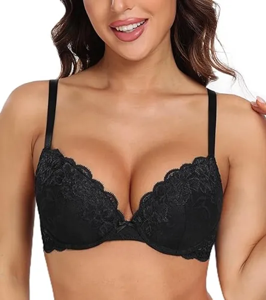 Lemorosy - Women's Sexy Lace Comfortable Push up Bra with Underwire Full Cup with Deep V Neck