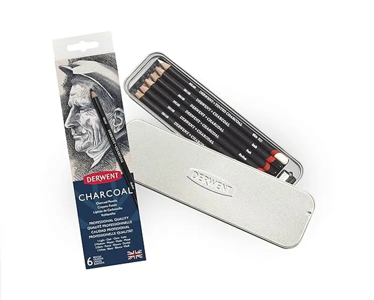Derwent Charcoal Drawing Pencils, Drawing & Writing, Set Of 6 with Sharpener, Light, Medium, Dark & Tinted Charcoal White, Ideal For Blending & Smudging, Professional Quality, 0700838