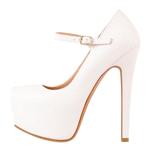MissHeel Women's Mary Jane Stiletto Pumps Buckle Straps High Heels Closed Toe Ankle High Platform Dress Shoes - 5 UK - Single Band Snakeskin White