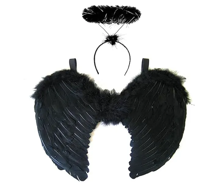 Black Angel Wings And Halo - Black Wings Adult Black Angel Costume for Womens Halloween Costume Adult - Dark Angel Wings Adult Black Wings Costume - Fallen Angel Costume Devil Wings Halloween Costumes
