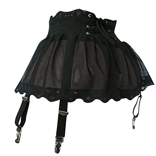 ROSVAJFY Women's Sexy Mesh Mini Skirt with Garter Belt and Panties,High Waist Suspender See-Through Mini Dress with 4 Stockings Clips,Lace-up Micro Skirt Sheer Babydoll Outfit with Lace Thong - One Size - Black